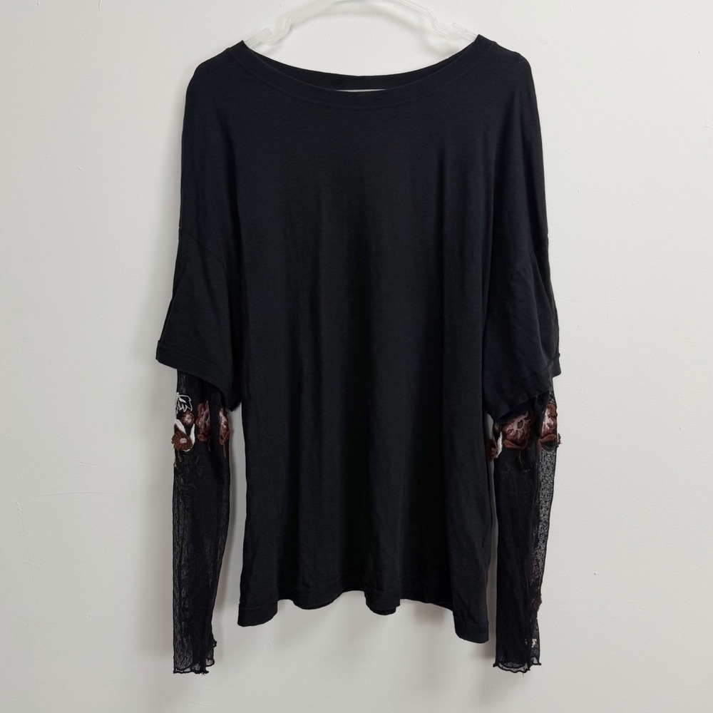 Free People Shirt Womens Large Black Sheer Embroidered Gardener Tee 2 for 1 NWT